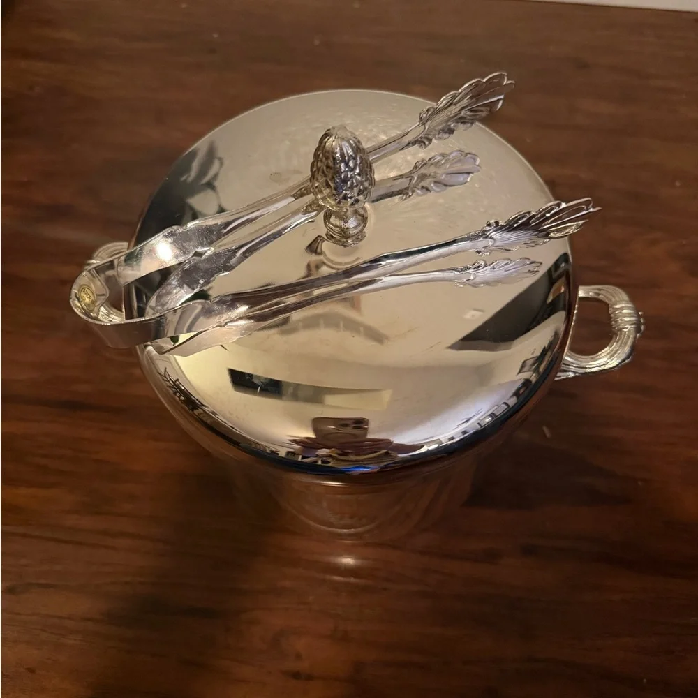 Silver Plated Insulated Ice Bucket with Lid, Handle & Tongs, Barware Set